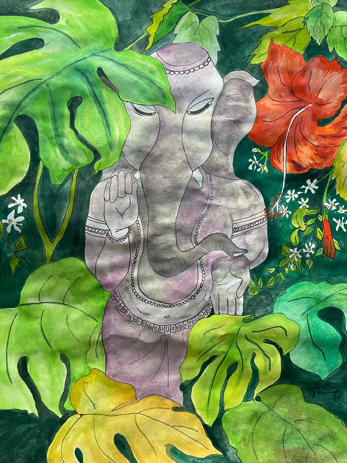 Ganesha in the Grove — Watercolor & ink
